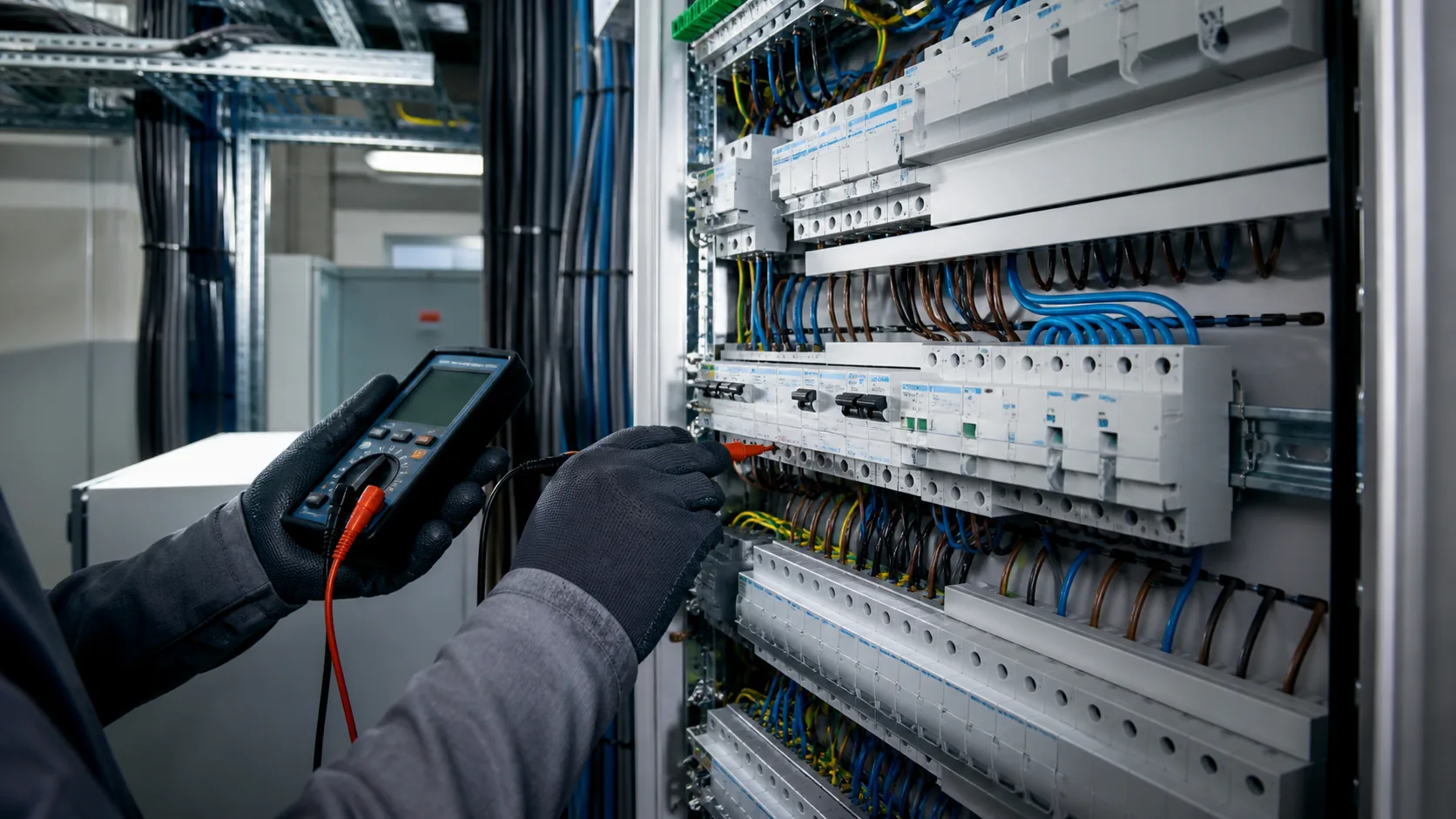 Électricien contrôlant un tableau de distribution moderne dans un local technique professionnel