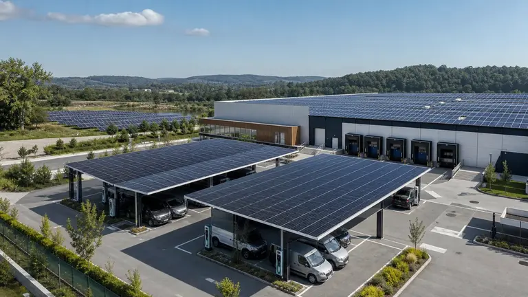 Site industriel équipé d’ombrières photovoltaïques, de bornes de recharge, de panneaux en toiture et d’une centrale solaire au sol