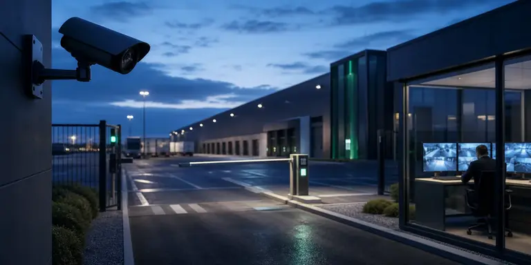 Entrée sécurisée d’un site logistique avec caméra IP, contrôle d’accès véhicule et poste de supervision